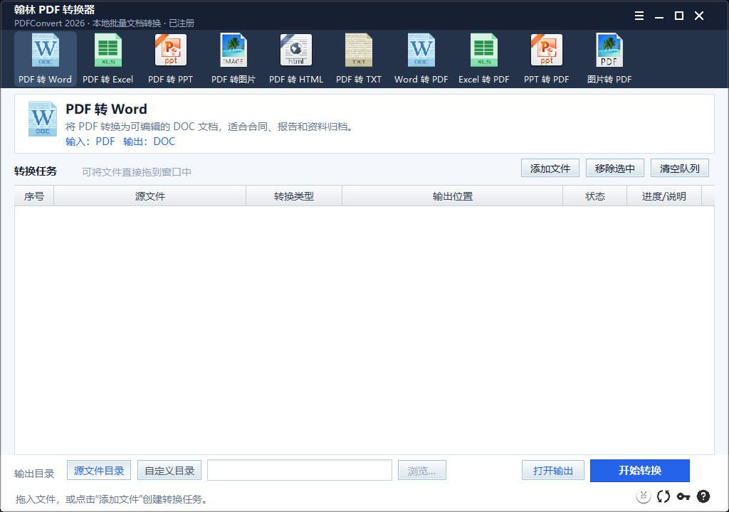 翰林 PDF 转换器主窗口,顶部显示多类转换入口,下方是任务列表、输出目录和开始转换按钮。