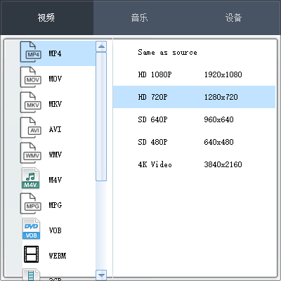 全能视频转换专家的视频预设面板，展示常用视频格式和参数入口。