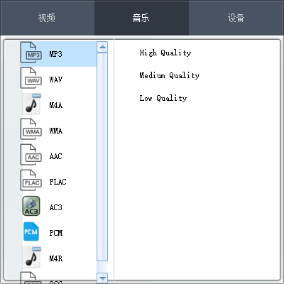 全能视频转换专家的音频预设面板，展示常用音频格式和质量选项。
